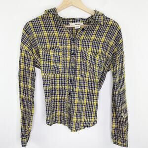 Sans Souci Blue Yellow Houndstooth Button Front Shirt Women's Size Medium M